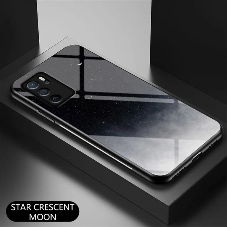 3D Sky Match Glitter Miroir en Verre Trempé de Choc Socle de Protection Arrière Pour Oppo A16 / A16s / A54s - Croissant Étoilé