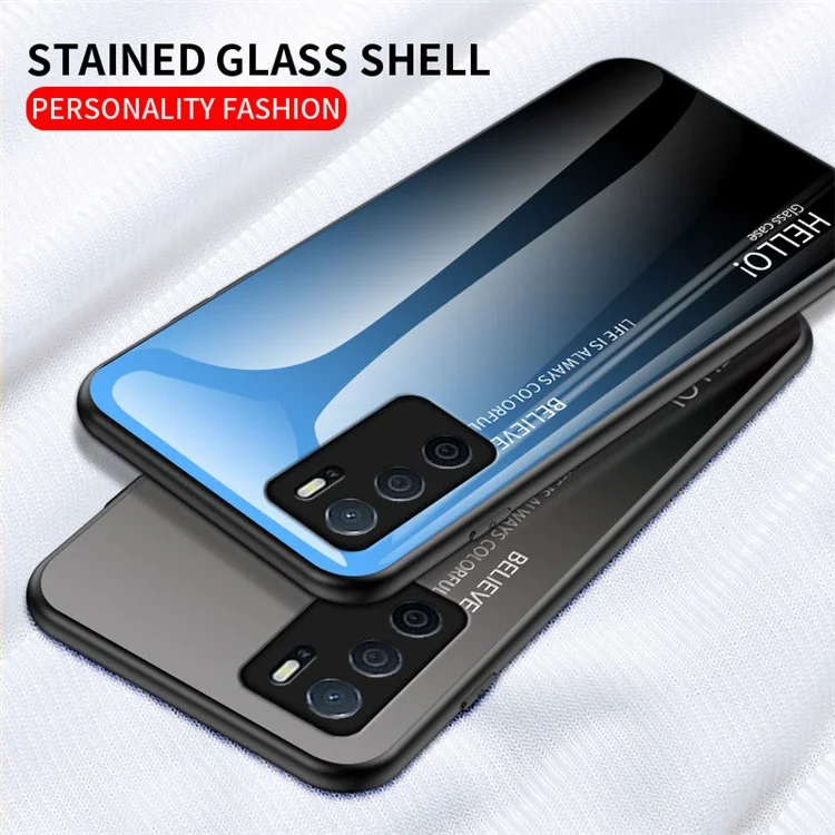 Colore Gradiente di Vetro Temperato Resistente ai Graffi + Telaio TPU Slim Slim Custodi Per Oppo A16/a16s/a54s - Nero Blu Gradiente