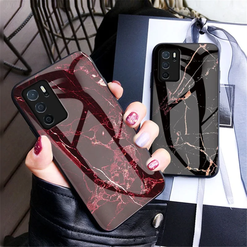 Marble Stylish Design Tempered Glass Anti-Scratch Shockproof Cover for Oppo A16/A16s/A54s - Black Marble