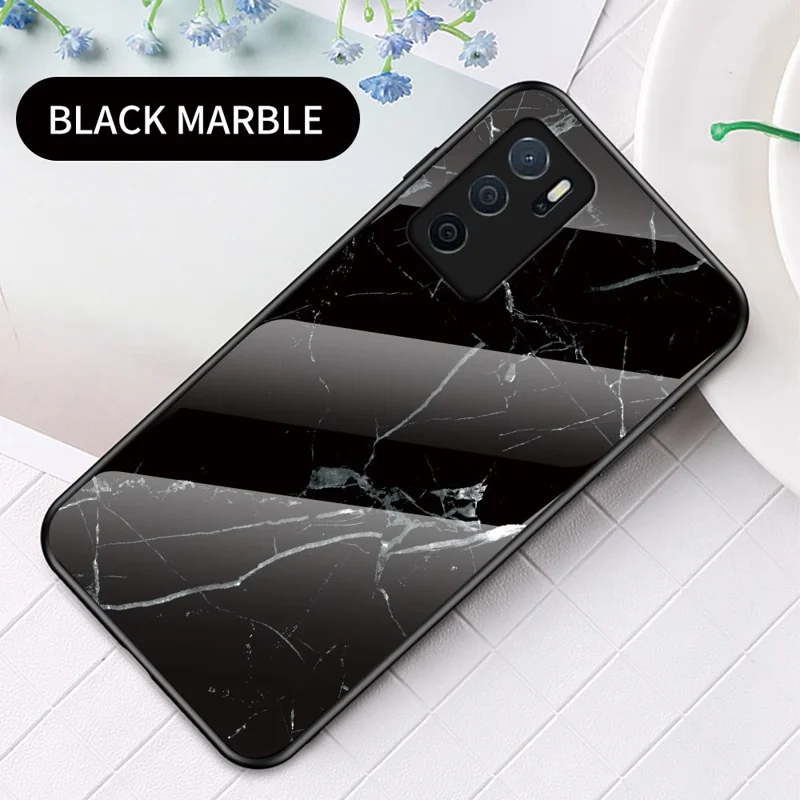 Marble Stylish Design Tempered Glass Anti-Scratch Shockproof Cover for Oppo A16/A16s/A54s - Black Marble