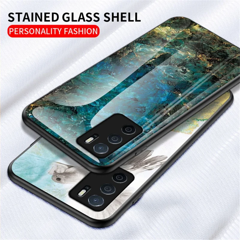 Marble Stylish Design Tempered Glass Anti-Scratch Shockproof Cover for Oppo A16/A16s/A54s - Black Marble