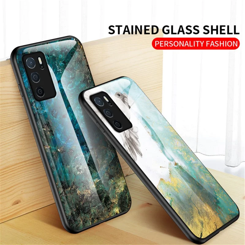 Marble Stylish Design Tempered Glass Anti-Scratch Shockproof Cover for Oppo A16/A16s/A54s - Black Marble
