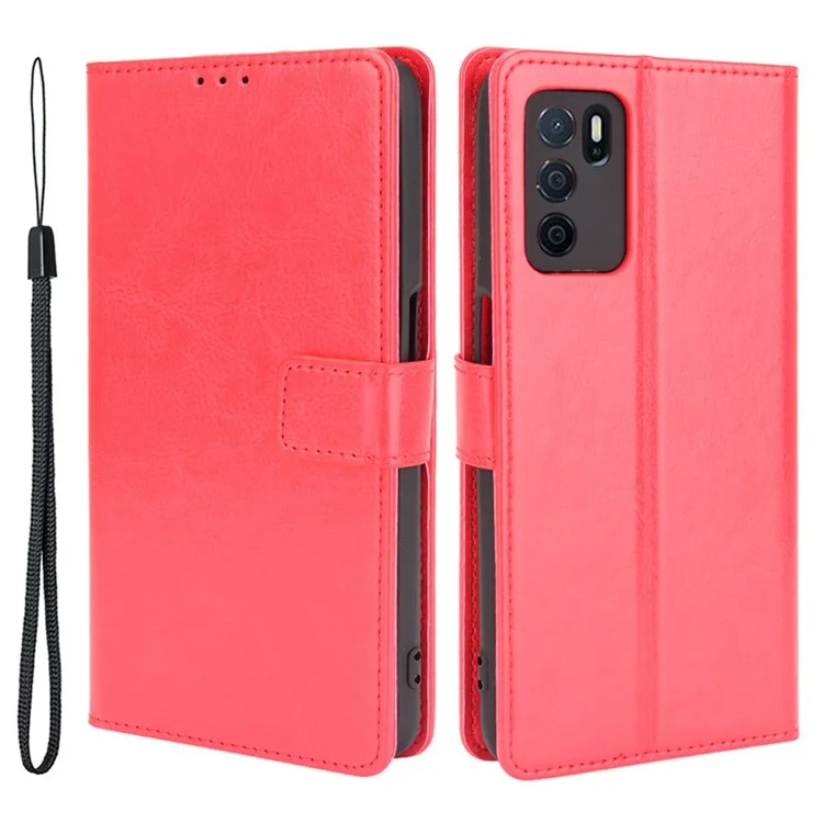 Crazy Horse PU Leather Wallet Protective Cellphone Shell with Stand and Wrist Strap for Oppo A16/A16s/A54s - Red