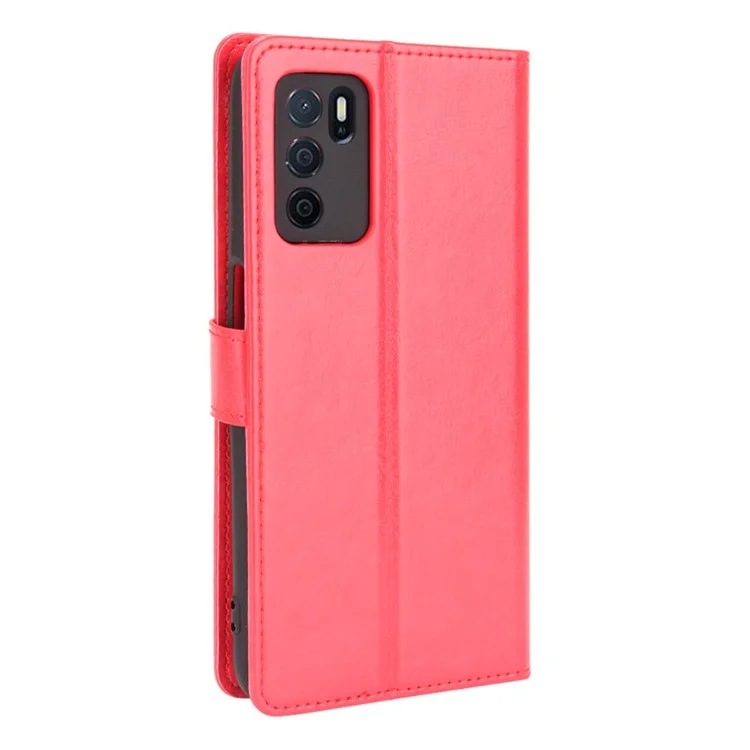 Crazy Horse PU Leather Wallet Protective Cellphone Shell with Stand and Wrist Strap for Oppo A16/A16s/A54s - Red