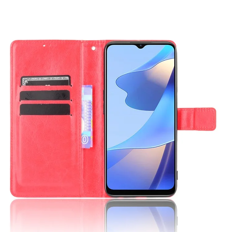 Crazy Horse PU Leather Wallet Protective Cellphone Shell with Stand and Wrist Strap for Oppo A16/A16s/A54s - Red