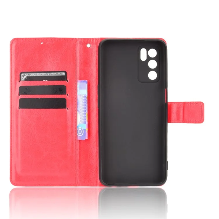 Crazy Horse PU Leather Wallet Protective Cellphone Shell with Stand and Wrist Strap for Oppo A16/A16s/A54s - Red
