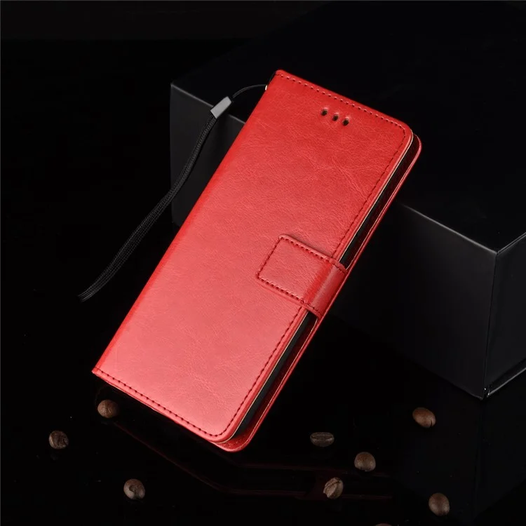 Crazy Horse PU Leather Wallet Protective Cellphone Shell with Stand and Wrist Strap for Oppo A16/A16s/A54s - Red