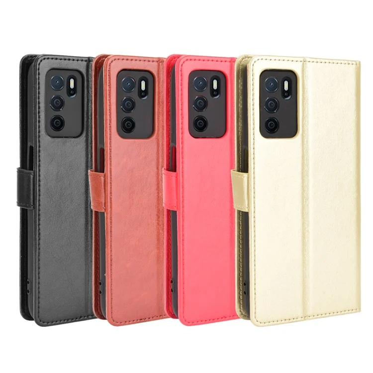 Crazy Horse PU Leather Wallet Protective Cellphone Shell with Stand and Wrist Strap for Oppo A16/A16s/A54s - Red