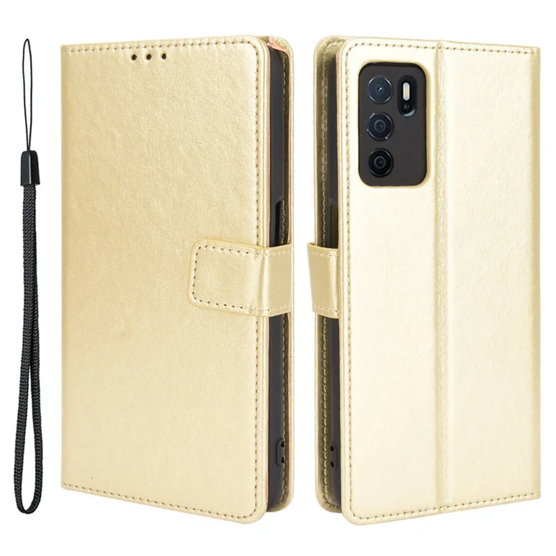 Crazy Horse PU Leather Wallet Protective Cellphone Shell with Stand and Wrist Strap for Oppo A16/A16s/A54s - Gold