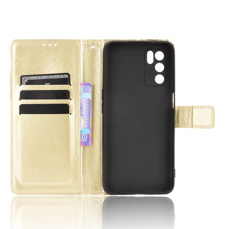 Crazy Horse PU Leather Wallet Protective Cellphone Shell with Stand and Wrist Strap for Oppo A16/A16s/A54s - Gold