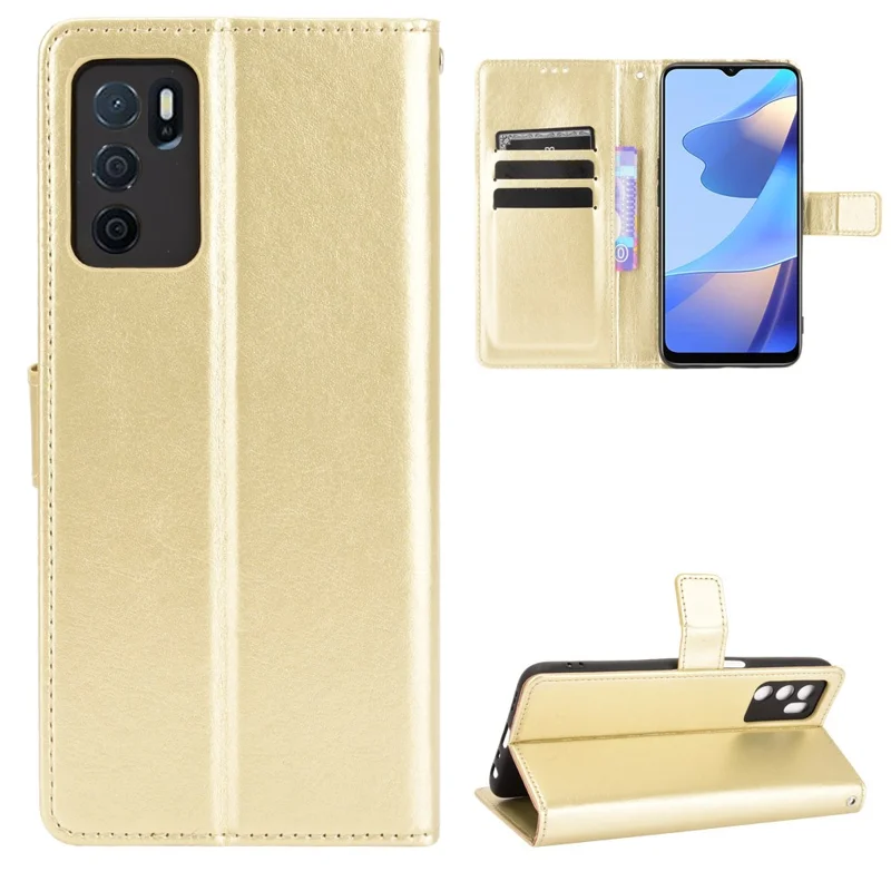 Crazy Horse PU Leather Wallet Protective Cellphone Shell with Stand and Wrist Strap for Oppo A16/A16s/A54s - Gold