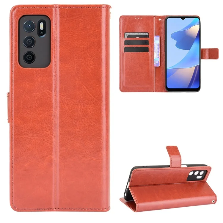 Crazy Horse pu Leather Wallet Protection de Téléphone Portable Avec Support et Bracelet Pour le Poignet Pour Oppo A16 / A16s / A54s - Brun