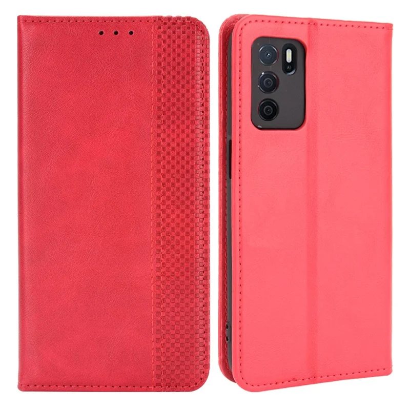 PU Leather Full Protective Retro Style Wallet Stand Flip Protective Phone Cover for Oppo A16/A16s/A54s - Red