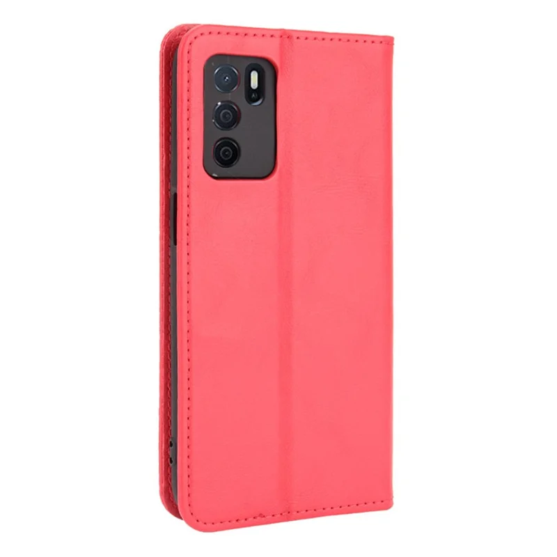 PU Leather Full Protective Retro Style Wallet Stand Flip Protective Phone Cover for Oppo A16/A16s/A54s - Red