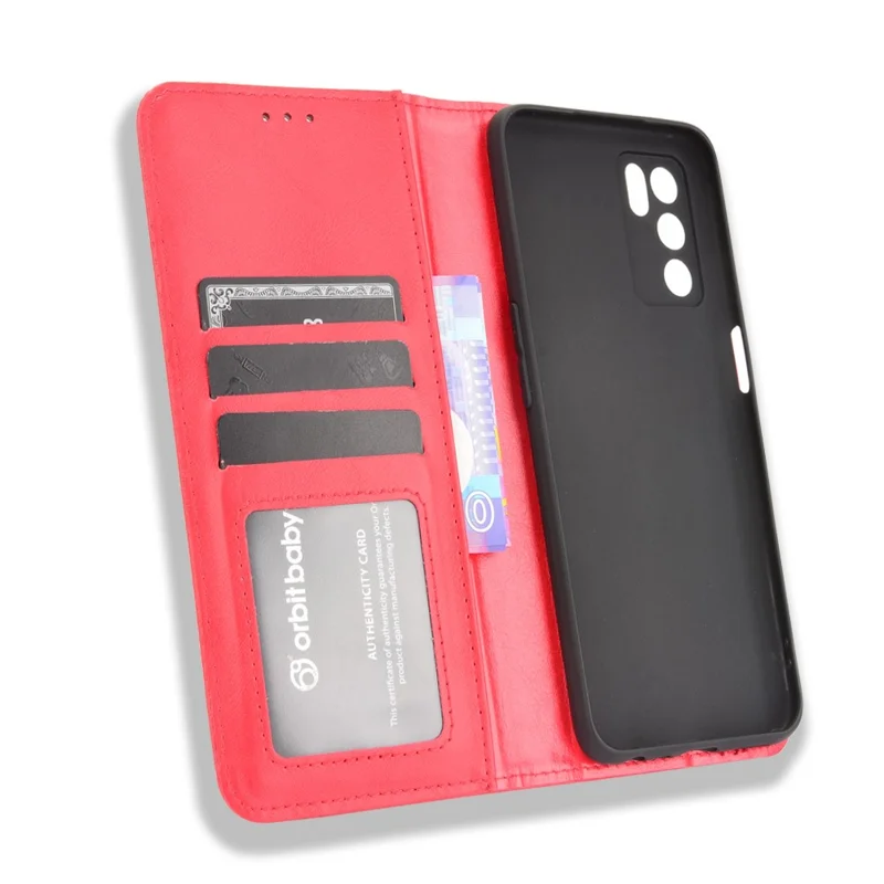 PU Leather Full Protective Retro Style Wallet Stand Flip Protective Phone Cover for Oppo A16/A16s/A54s - Red