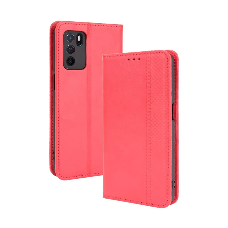 PU Leather Full Protective Retro Style Wallet Stand Flip Protective Phone Cover for Oppo A16/A16s/A54s - Red