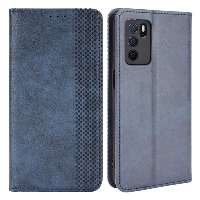 PU Leather Full Protective Retro Style Wallet Stand Flip Protective Phone Cover for Oppo A16/A16s/A54s - Blue