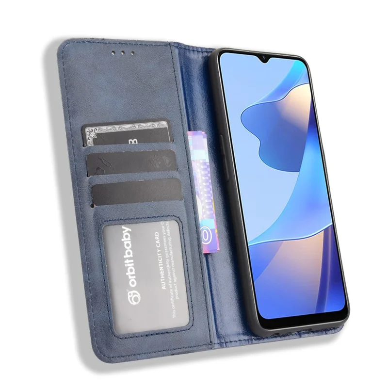 PU Leather Full Protective Retro Style Wallet Stand Flip Protective Phone Cover for Oppo A16/A16s/A54s - Blue