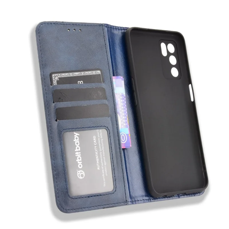 PU Leather Full Protective Retro Style Wallet Stand Flip Protective Phone Cover for Oppo A16/A16s/A54s - Blue