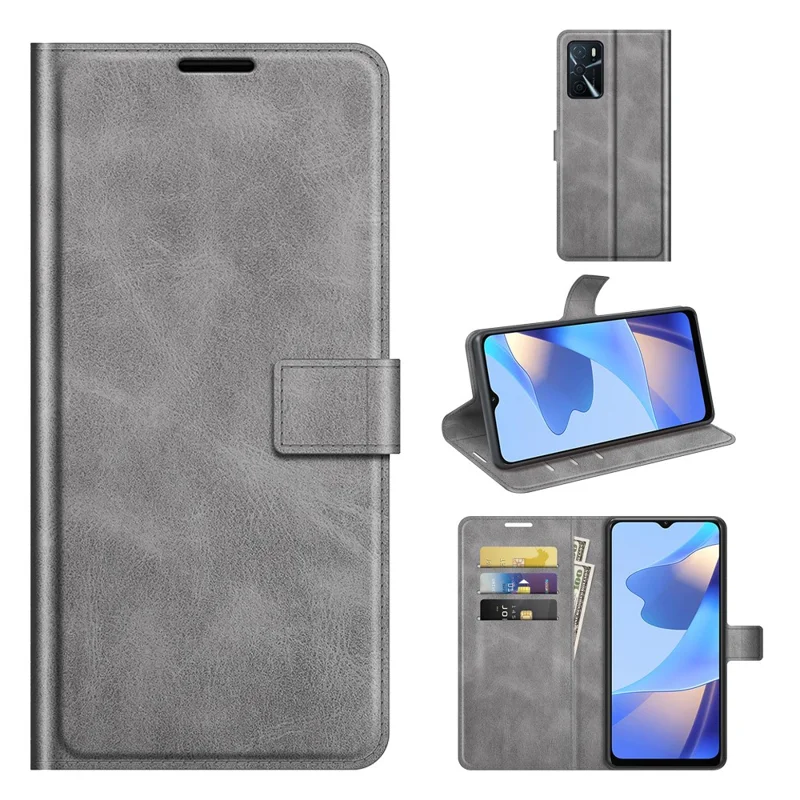 Shockproof Stand PU Leather Wallet Flip Protective Cover with Magnetic Closure for Oppo A16/A16s/A54s - Grey