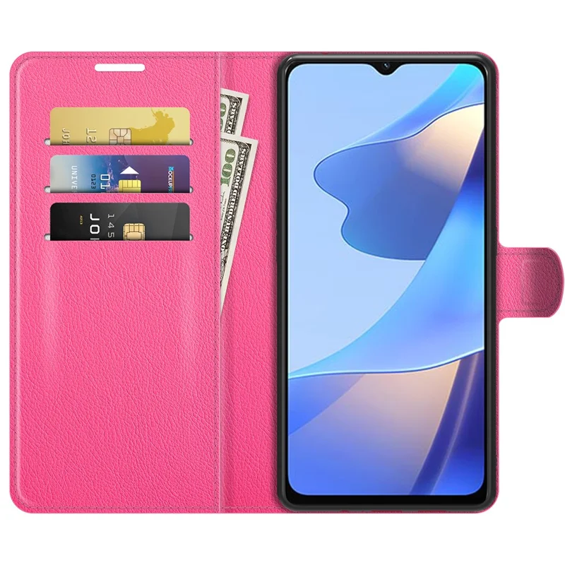 Folio Flip Litchi Skin Well-protected Leather Wallet Stand Design Cover for Oppo A16/A16s/A54s - Rose