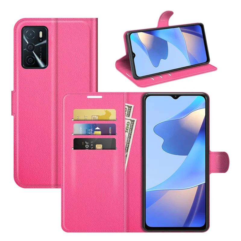 Folio Flip Litchi Skin Well-protected Leather Wallet Stand Design Cover for Oppo A16/A16s/A54s - Rose
