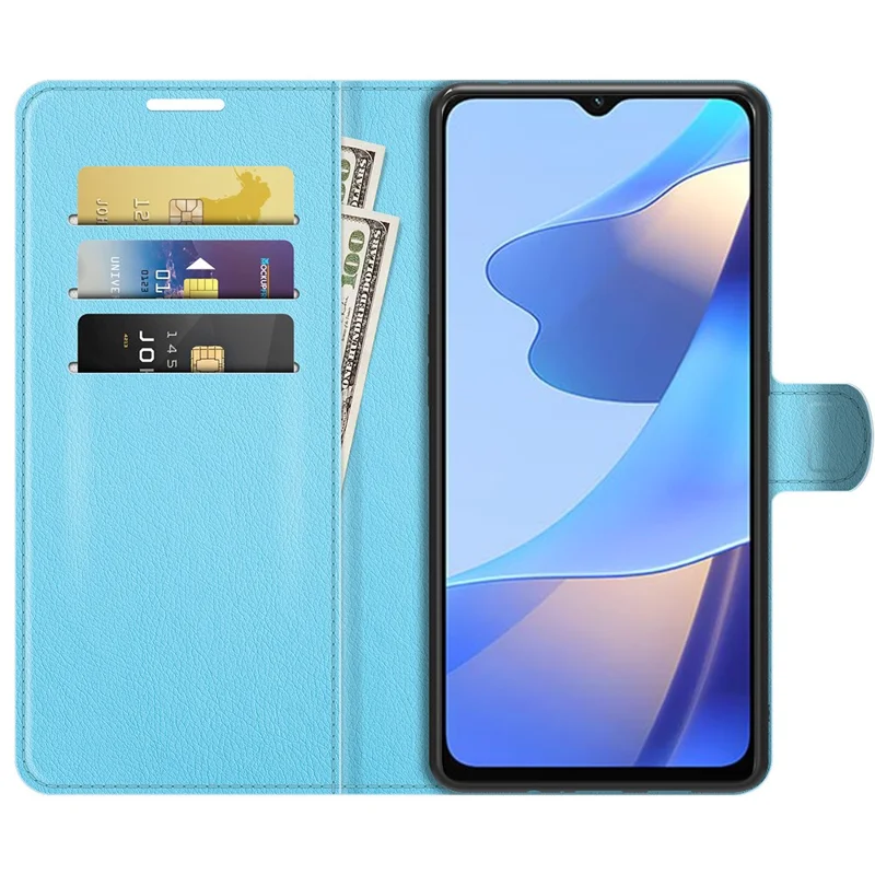 Folio Flip Litchi Skin Well-protected Leather Wallet Stand Design Cover for Oppo A16/A16s/A54s - Blue