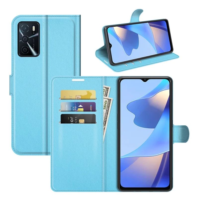 Folio Flip Litchi Skin Well-protected Leather Wallet Stand Design Cover for Oppo A16/A16s/A54s - Blue