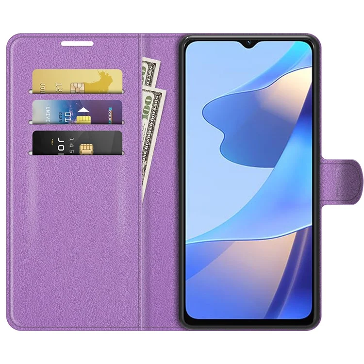 Folio Flip Litchi Skin Well-protected Leather Wallet Stand Design Cover for Oppo A16/A16s/A54s - Viola
