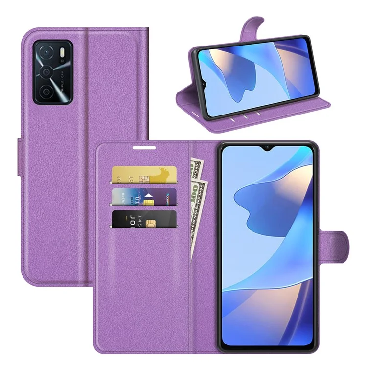 Folio Flip Litchi Skin Well-protected Leather Wallet Stand Design Cover for Oppo A16/A16s/A54s - Viola