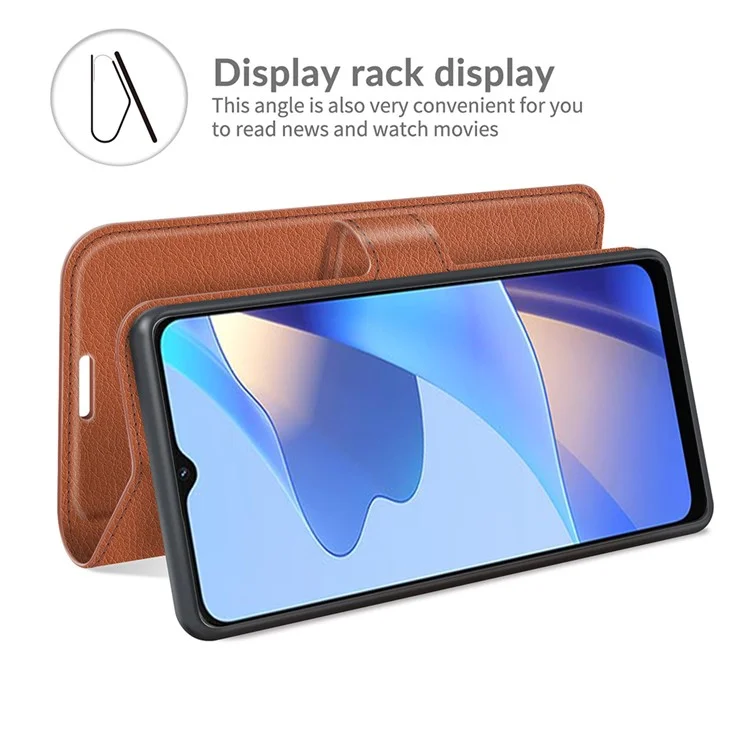 Кожаный кошелек-книжка с защитой Folio Flip Litchi для Oppo A16/A16s/A54s - коричневый