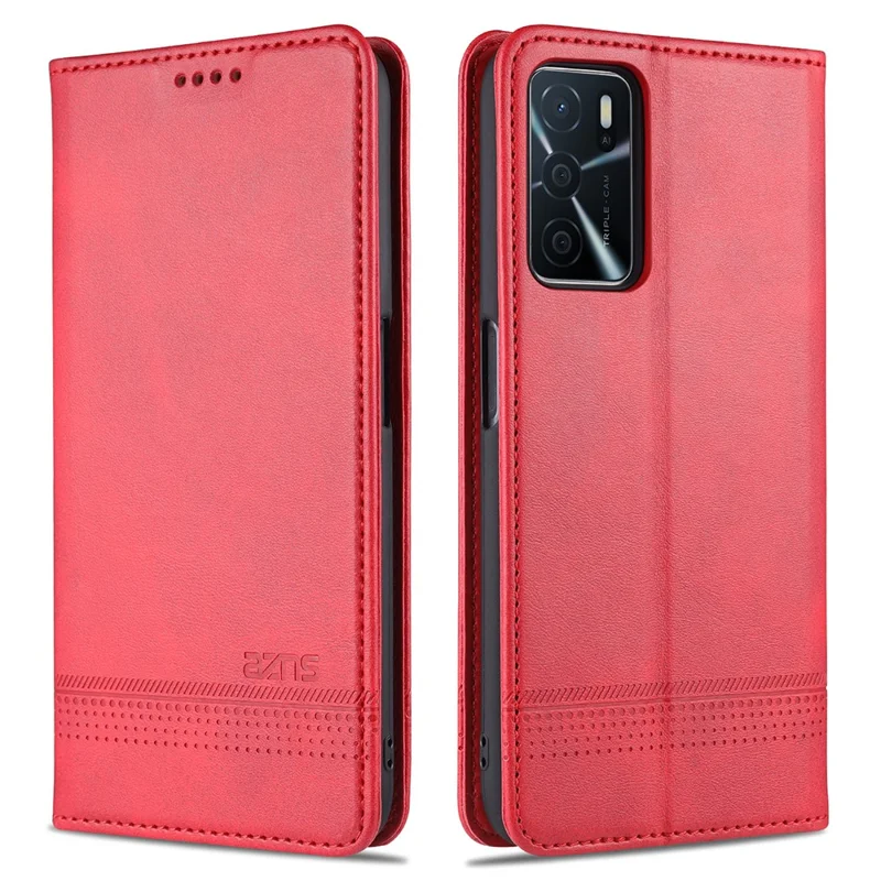 AZNS Shockproof Auto-absorbed Wallet Design PU Leather Folio Flip Phone Protective Case for OPPO A16 / A16s / A54s - Red