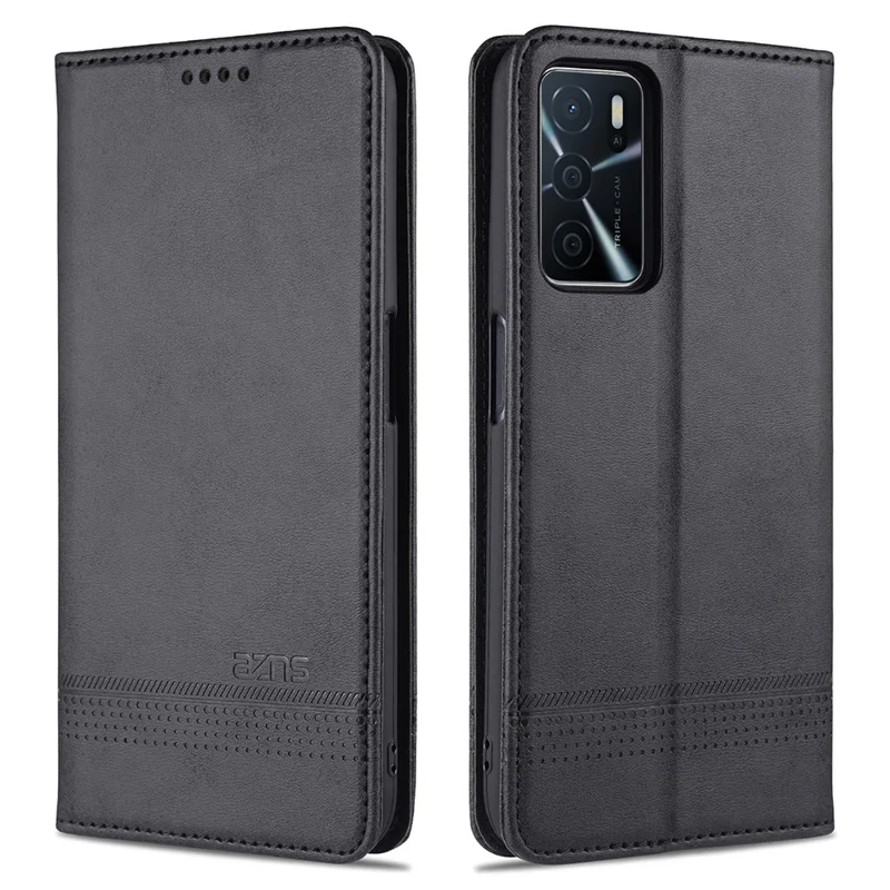AZNS Shockproof Auto-absorbed Wallet Design PU Leather Folio Flip Phone Protective Case for OPPO A16 / A16s / A54s - Black