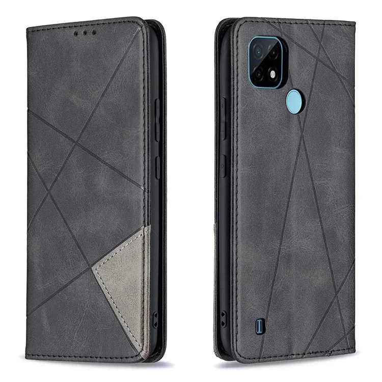 Pour Realme C21 / C20 Rhombus-Like Imprinting Leather Stand Case Card Holder Shell [avec trou pour empreinte digitale] - Noir