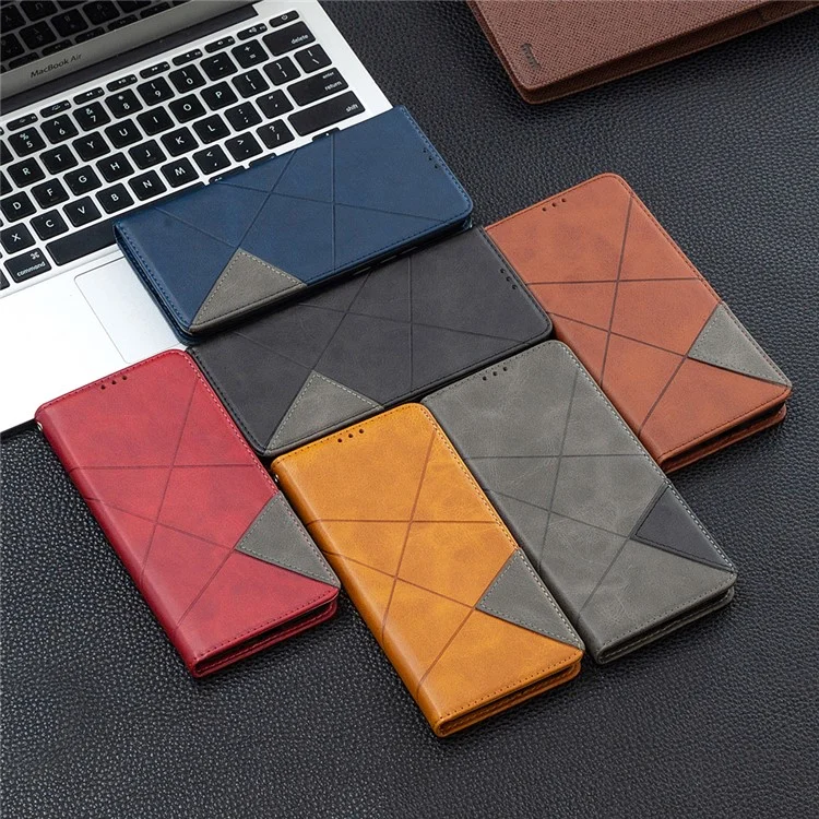 Pour Realme C21 / C20 Rhombus-Like Imprinting Leather Stand Case Card Holder Shell [avec trou pour empreinte digitale] - Noir