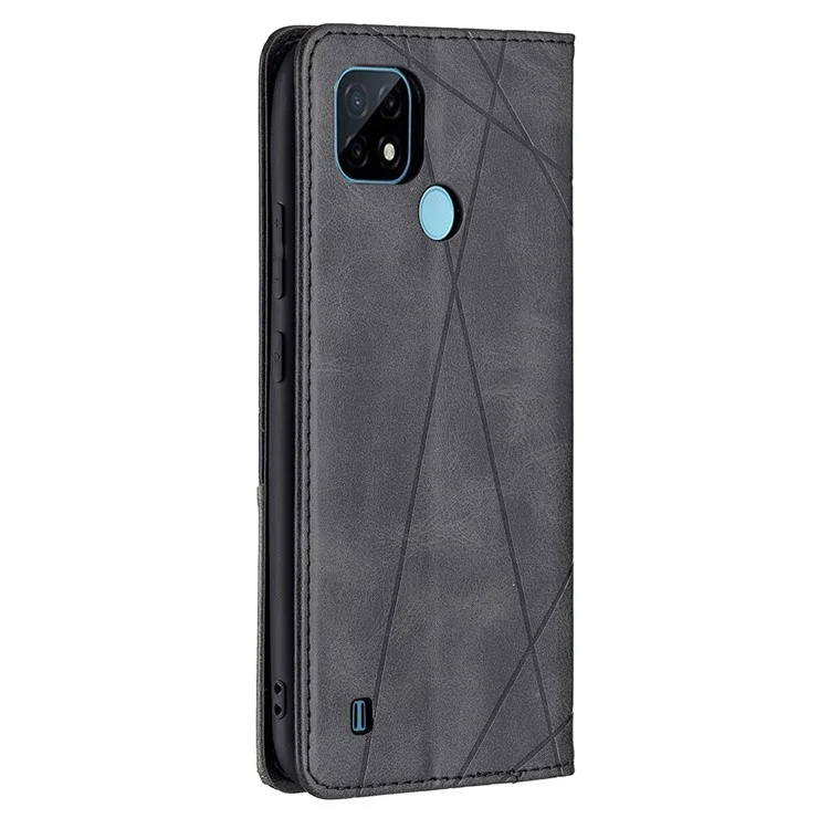 Pour Realme C21 / C20 Rhombus-Like Imprinting Leather Stand Case Card Holder Shell [avec trou pour empreinte digitale] - Noir