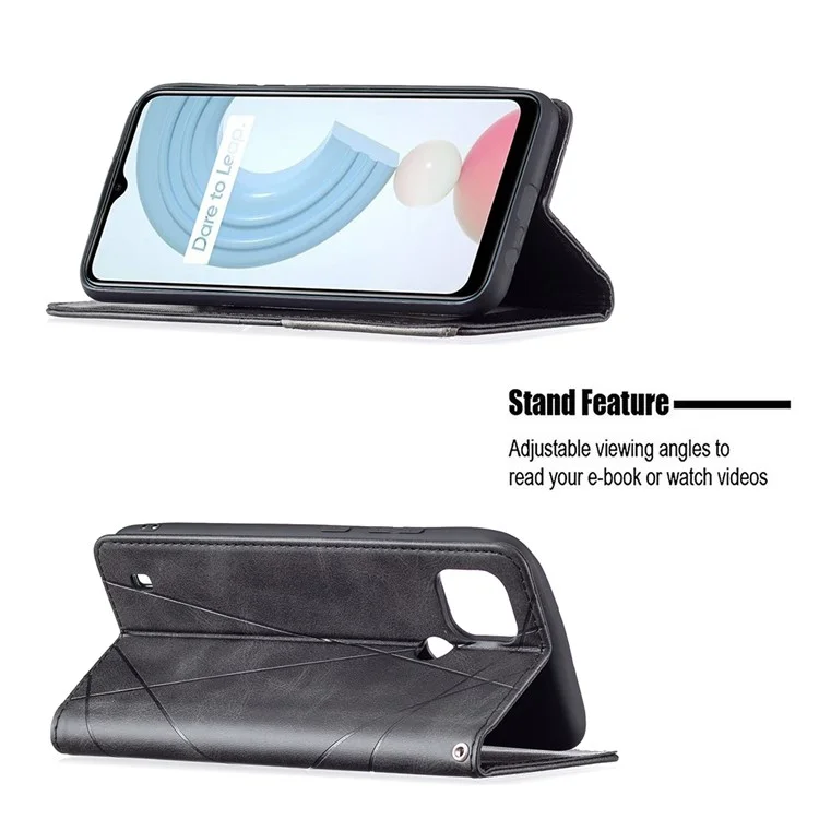 Pour Realme C21 / C20 Rhombus-Like Imprinting Leather Stand Case Card Holder Shell [avec trou pour empreinte digitale] - Noir