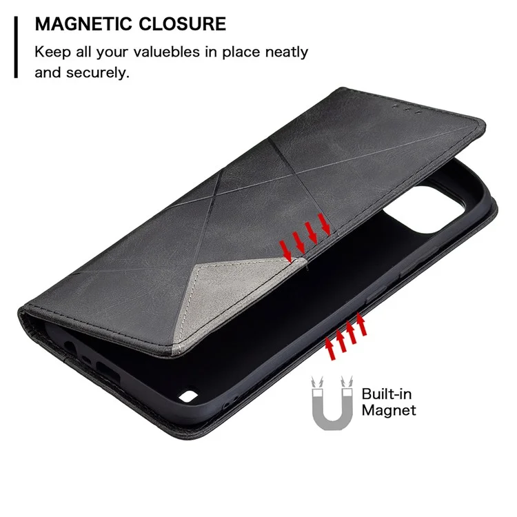 Pour Realme C21 / C20 Rhombus-Like Imprinting Leather Stand Case Card Holder Shell [avec trou pour empreinte digitale] - Noir