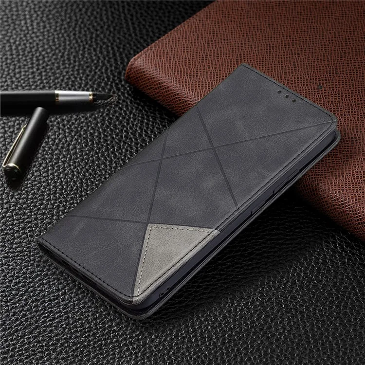 Pour Realme C21 / C20 Rhombus-Like Imprinting Leather Stand Case Card Holder Shell [avec trou pour empreinte digitale] - Noir