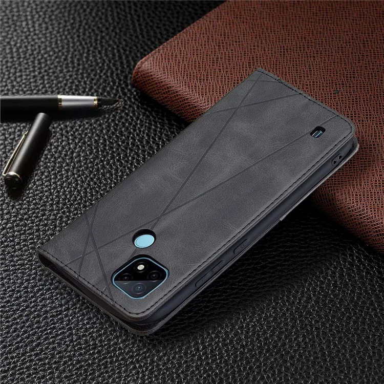 Pour Realme C21 / C20 Rhombus-Like Imprinting Leather Stand Case Card Holder Shell [avec trou pour empreinte digitale] - Noir