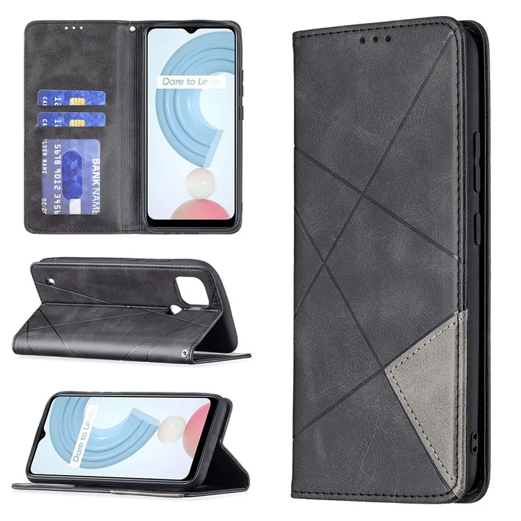Pour Realme C21 / C20 Rhombus-Like Imprinting Leather Stand Case Card Holder Shell [avec trou pour empreinte digitale] - Noir