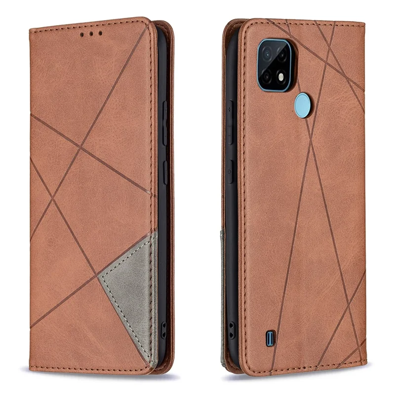 For Realme C21 / C20 Rhombus-Like Imprinting Leather Stand Case Card Holder Shell [With Fingerprint Hole] - Brown