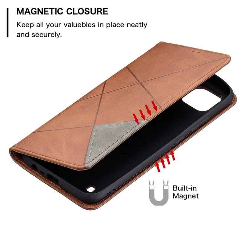 For Realme C21 / C20 Rhombus-Like Imprinting Leather Stand Case Card Holder Shell [With Fingerprint Hole] - Brown