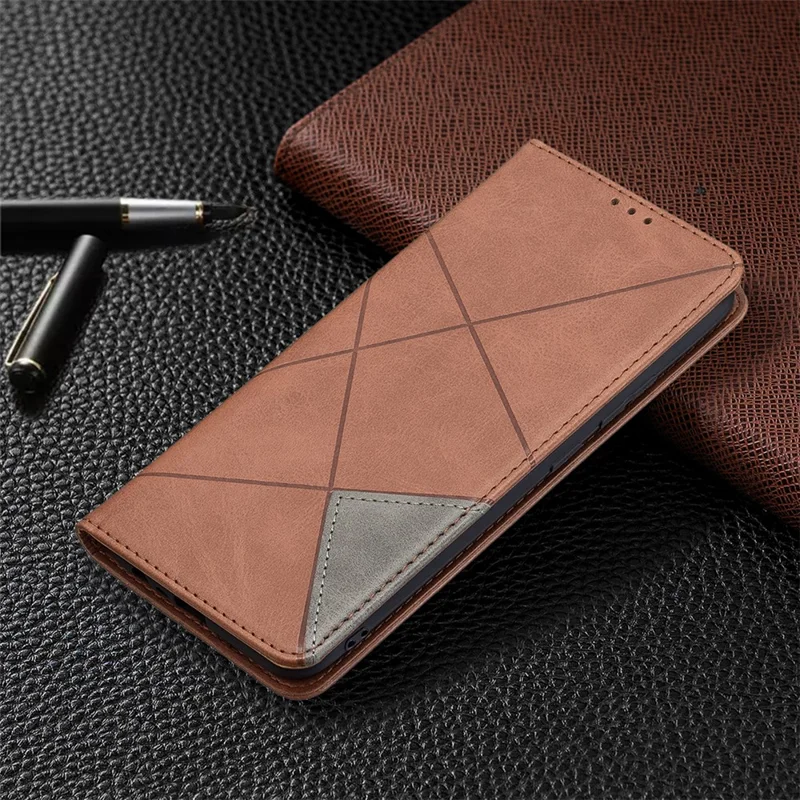 For Realme C21 / C20 Rhombus-Like Imprinting Leather Stand Case Card Holder Shell [With Fingerprint Hole] - Brown