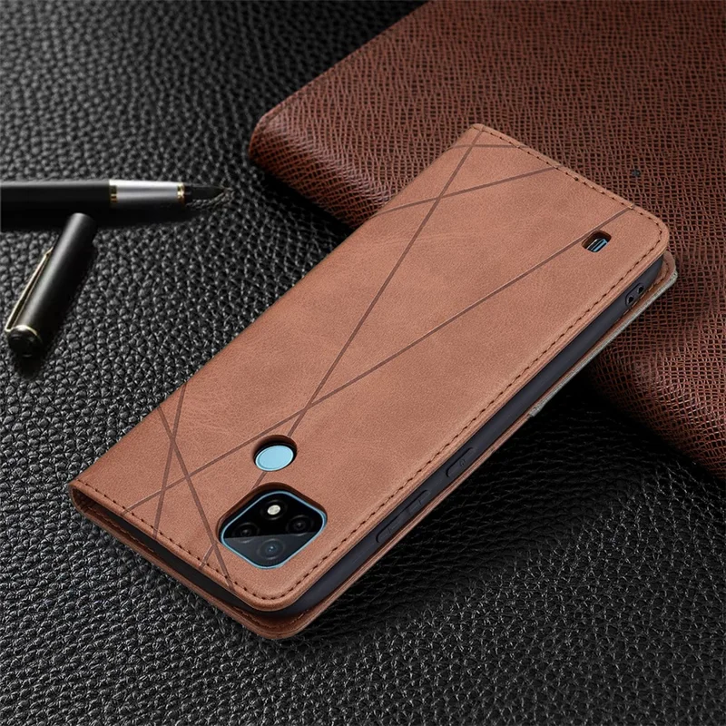 For Realme C21 / C20 Rhombus-Like Imprinting Leather Stand Case Card Holder Shell [With Fingerprint Hole] - Brown