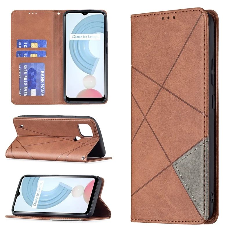 For Realme C21 / C20 Rhombus-Like Imprinting Leather Stand Case Card Holder Shell [With Fingerprint Hole] - Brown