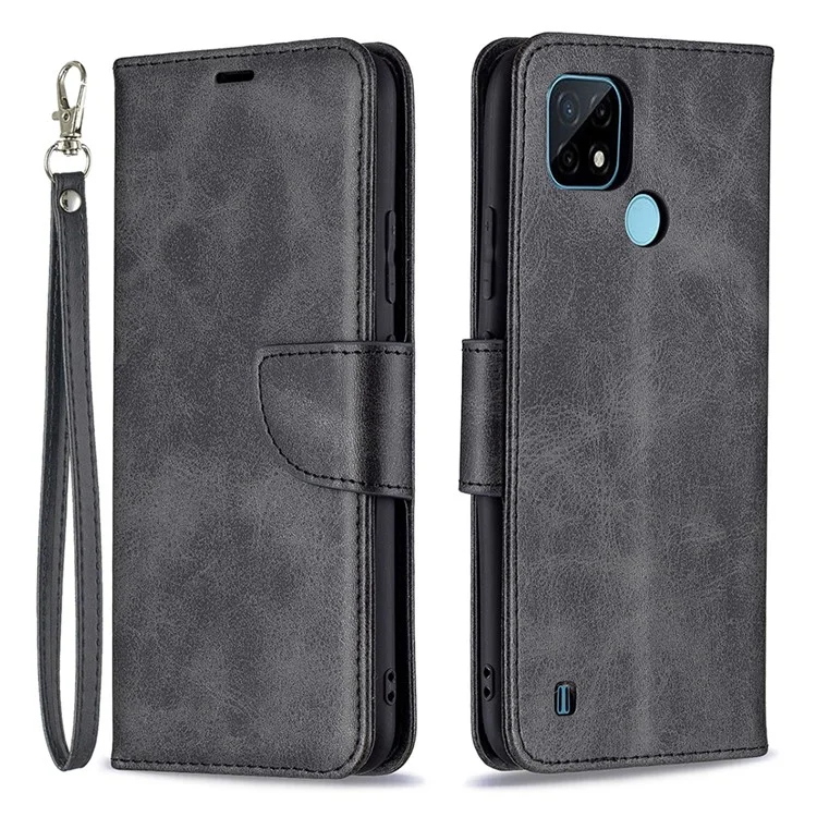 Fecho De Fecho Magnético Elegante PU Couro Smartphone Carteira De Carteira De Carteira [com Buraco De Impressão Digital] Para Realme C21 / C20 - Preto