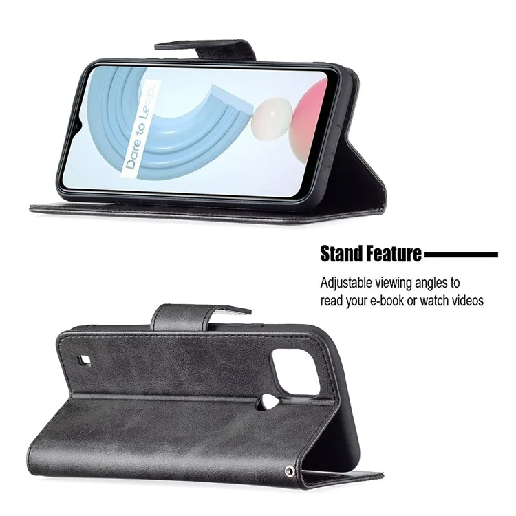 Cierre Magnético Cierre Elegante PU Cuero Smartphone Stand Caja De Soporte [con Huellas Dactilares] Para Realme C21 / C20 - Negro