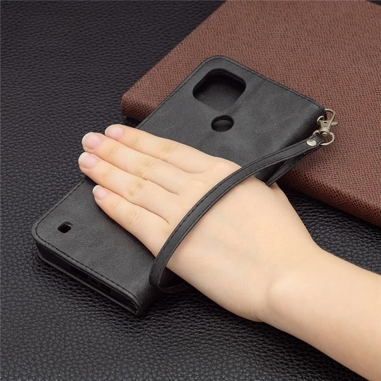 Magnetverschluss Verschluss Stilvoller PU-Leder Smartphone-Wallet-Stand-Fall [mit Fingerabdruckloch] Für REALME C21 / C20 - Schwarz