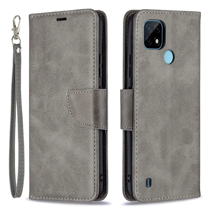 Magnetic Clasp Closure Stylish PU Leather Smartphone Wallet Stand Case [with Fingerprint Hole] for Realme C21/C20 - Grey